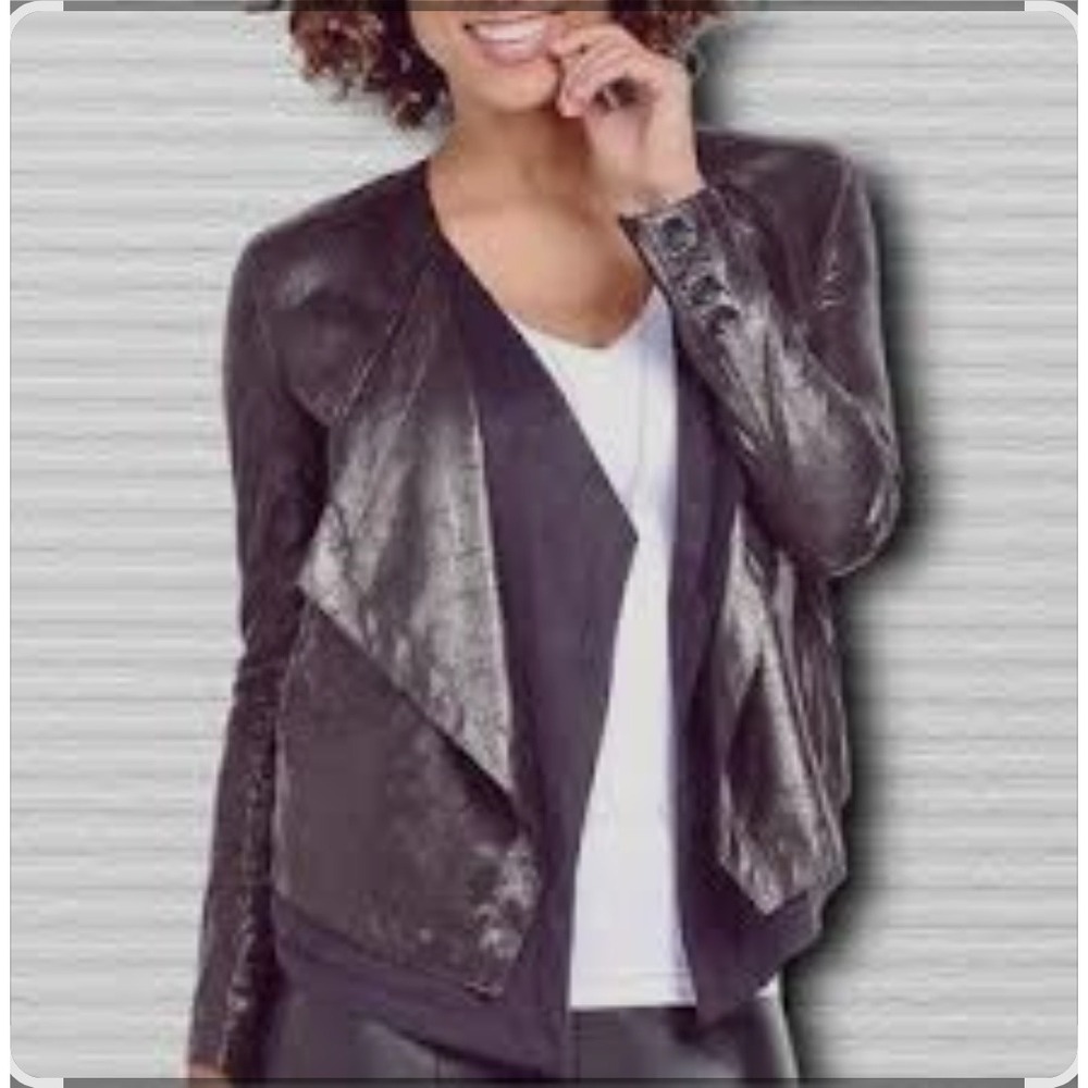 Women's sz S Lysse Black Crackle Faux Leather Drape Front Jacket Open Cardigan